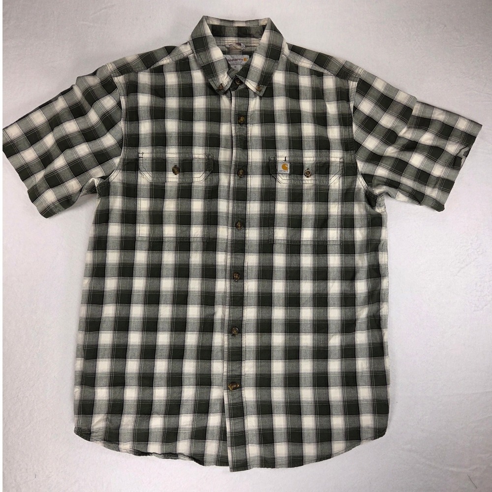 Carhartt Button Down Collared Short Sleeve Forest Green Plaid Shirt Top Medium